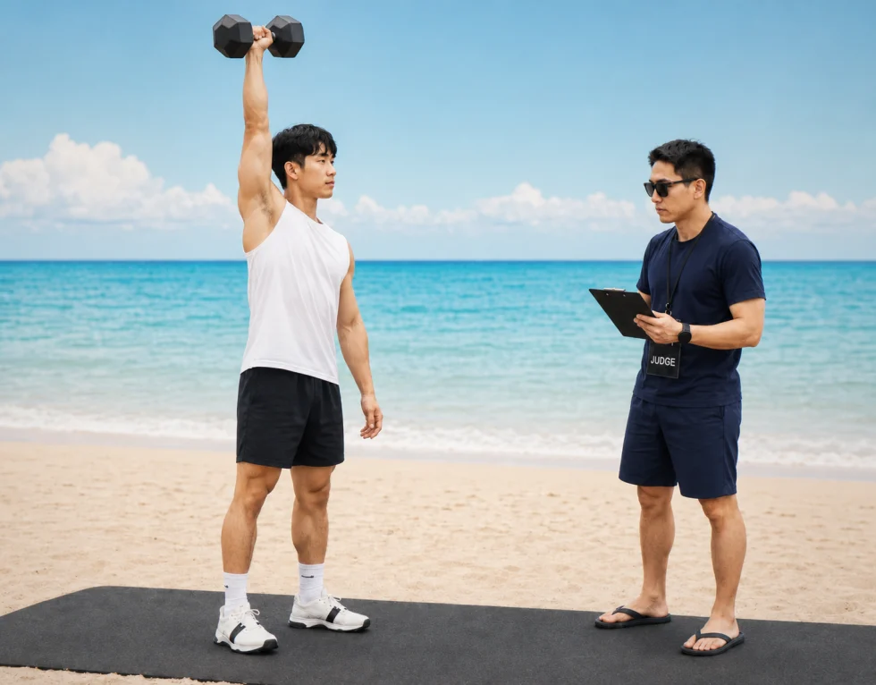 한 팔로 덤벨을 머리 위에 고정한 덤벨 스내치 완료 자세