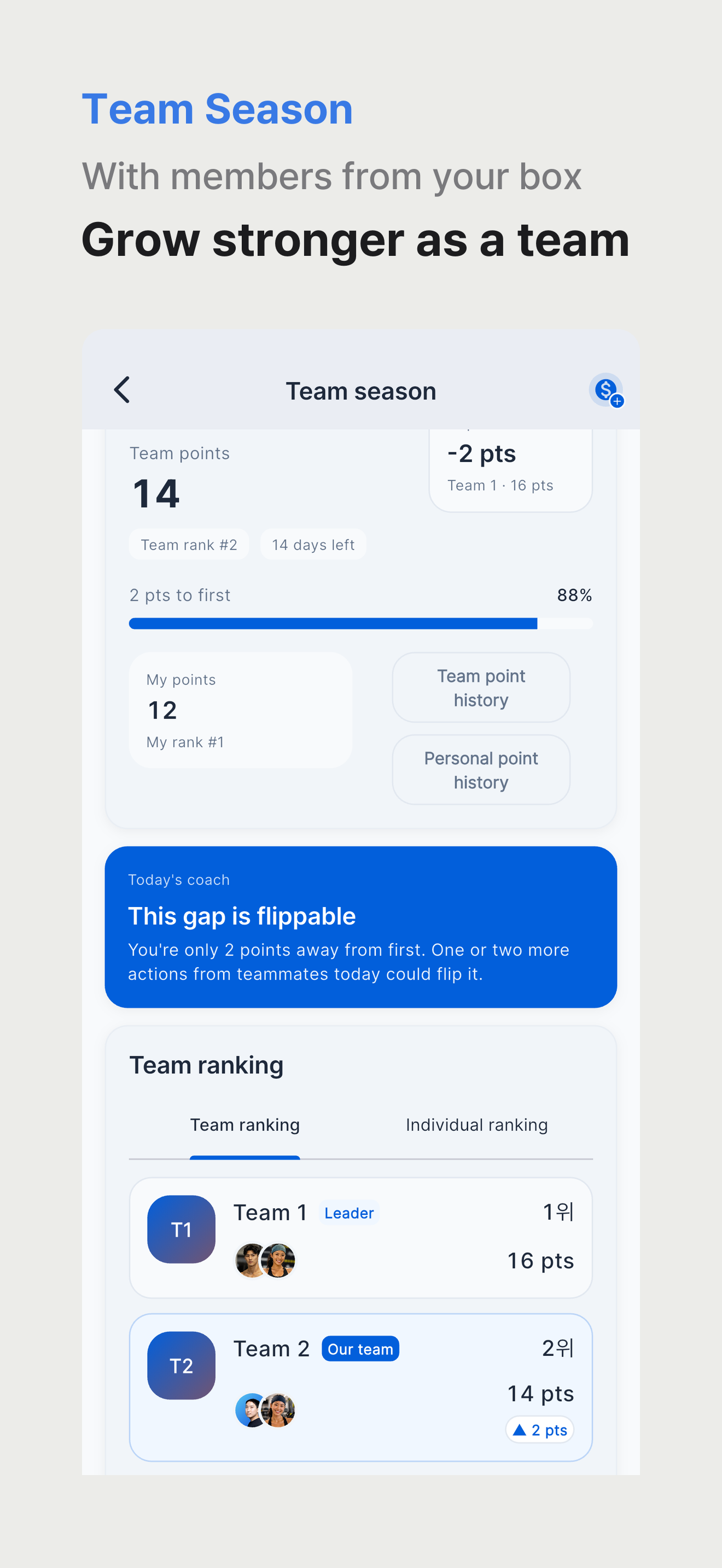 Team season points and participation screen